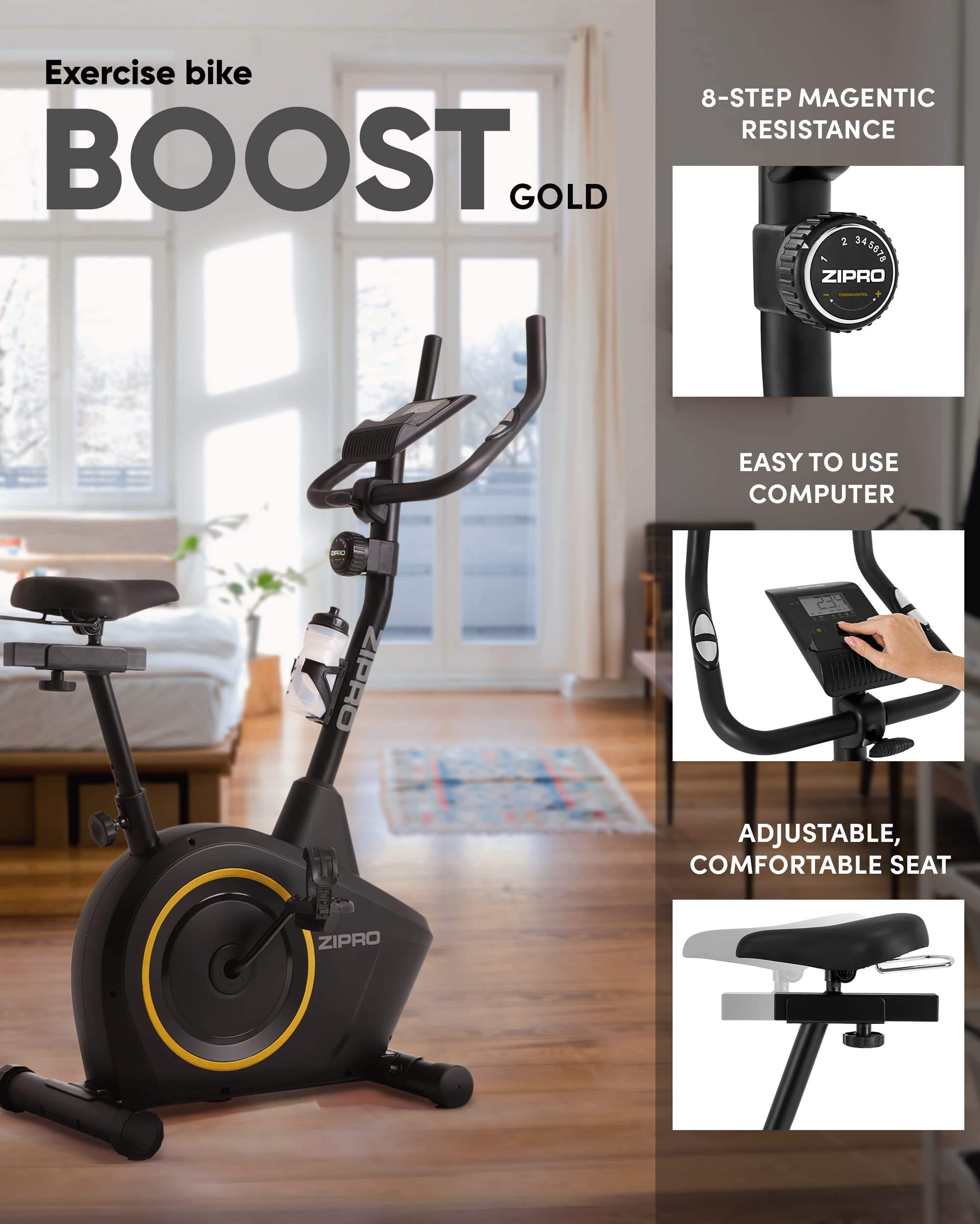 Zipro Heimtrainer Fahrrad Boost Gold, Ergometer Fitnessbikes, Magnetisches Fahrradtrainer, Ergometer Fahrrad bis 120kg, Indoor Bike, Trainingsfahrrad für zuhause, Fahrradergometer Batteriebetrieben